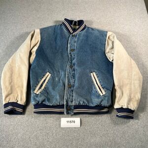 Yukon Trail Mens Denim Varsity Jacket Blue Tan Canvas Sleeves Quilted Lined XL